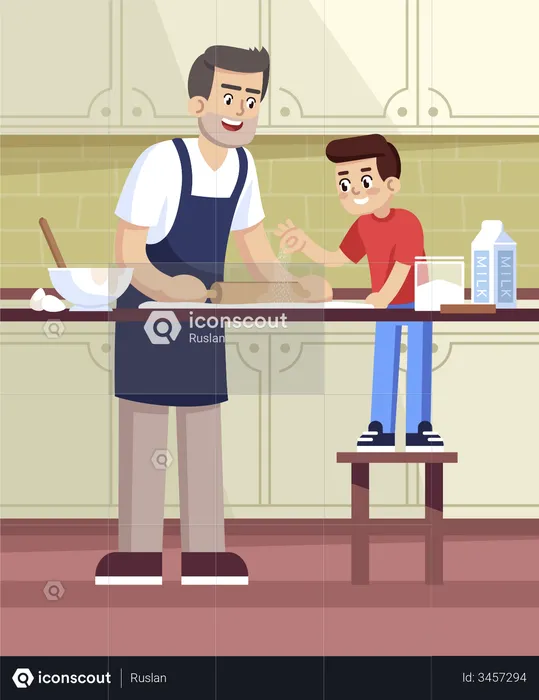 Daddy and son rolling out dough  Illustration