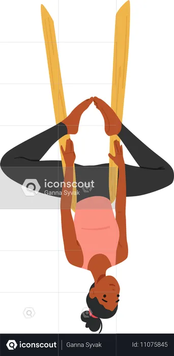 Dainty Character Woman Gracefully Performs Aerial Yoga  Illustration