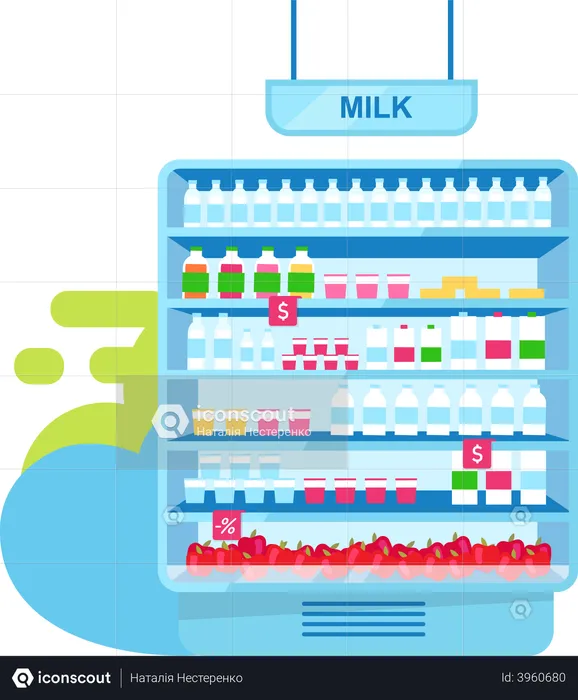 Dairy products at shop stall  Illustration