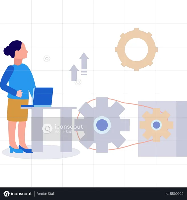 La señora está mirando la configuración de la rueda dentada.  Ilustración