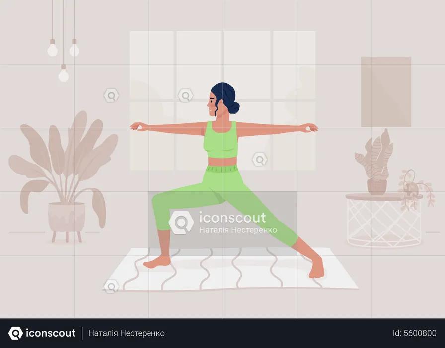 Señora haciendo asanas de yoga en casa  Ilustración