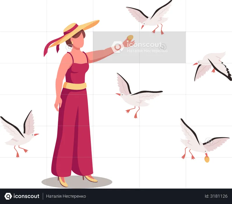 Señora rodeada de gaviotas altísimas  Ilustración