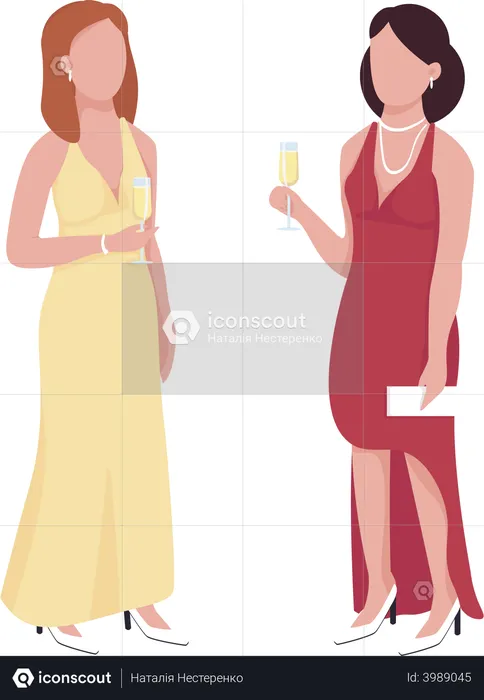 Damas que asisten al evento y beben alcohol.  Ilustración