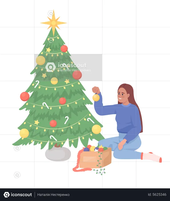 Dame décorant le sapin de Noël  Illustration