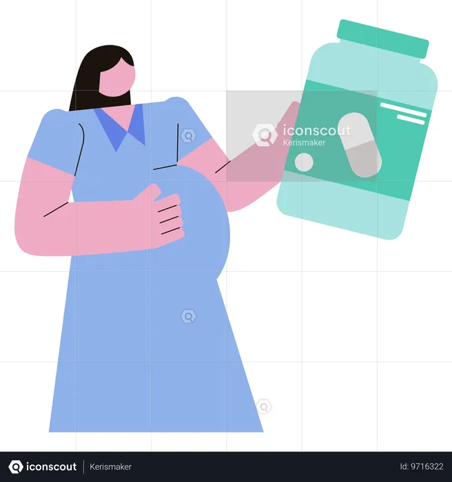 Femme enceinte tenant une bouteille de pilules de vitamines de grossesse  Illustration