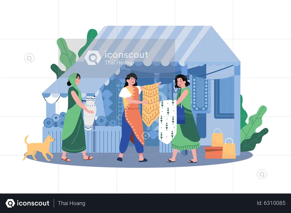 Dames indiennes vendant des tissus traditionnels Festival de Diwali  Illustration