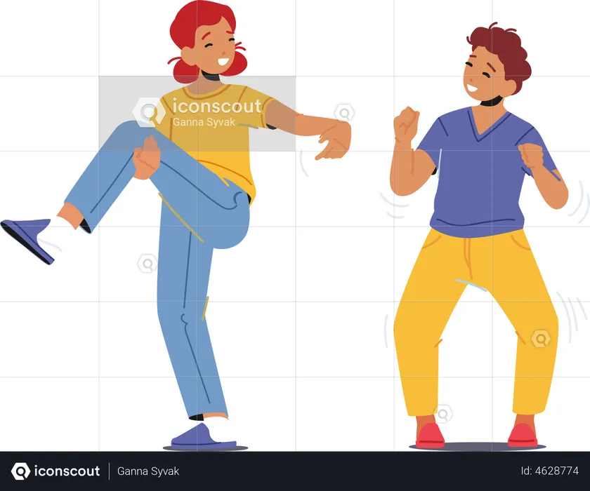 Dança feliz de menina e menino  Ilustração