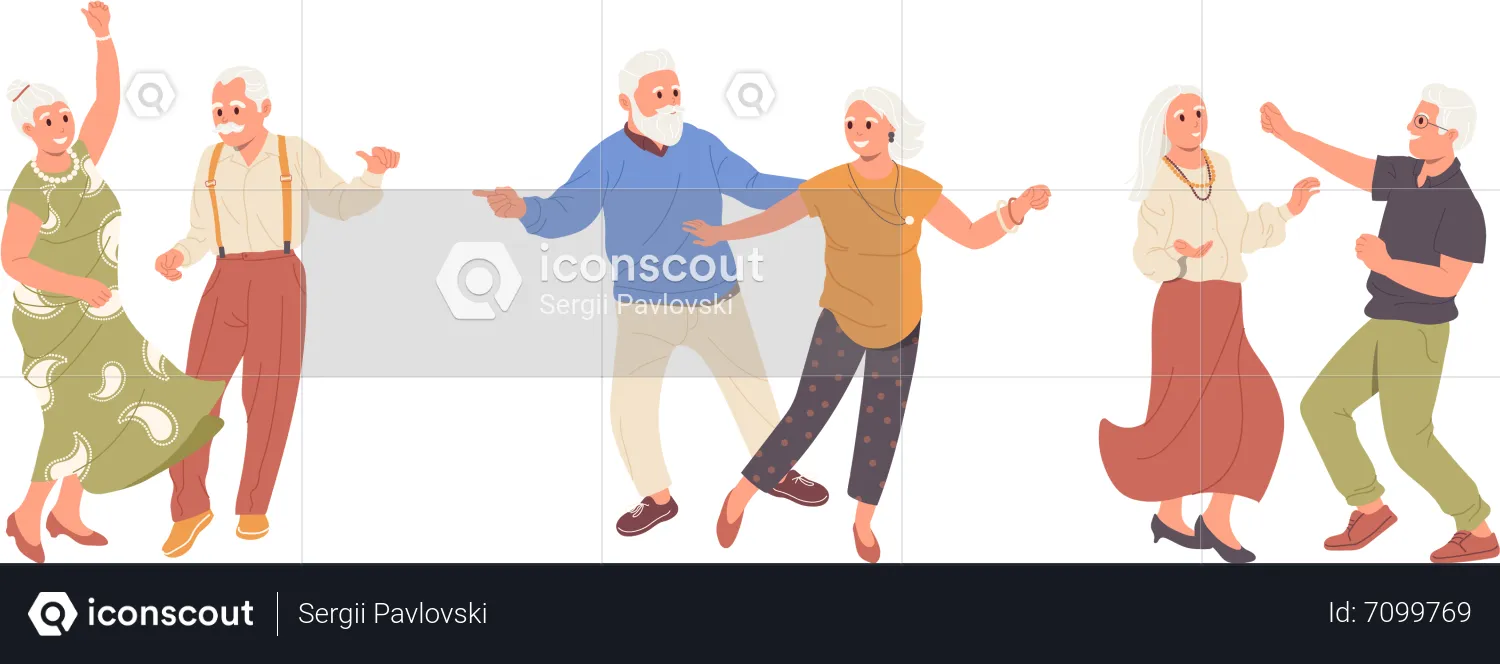 Dancing elderly people character romantic loving couple moving together holding hands  Illustration