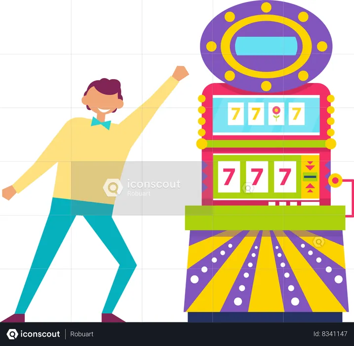 Dancing happy personage standing by slot machine  Illustration