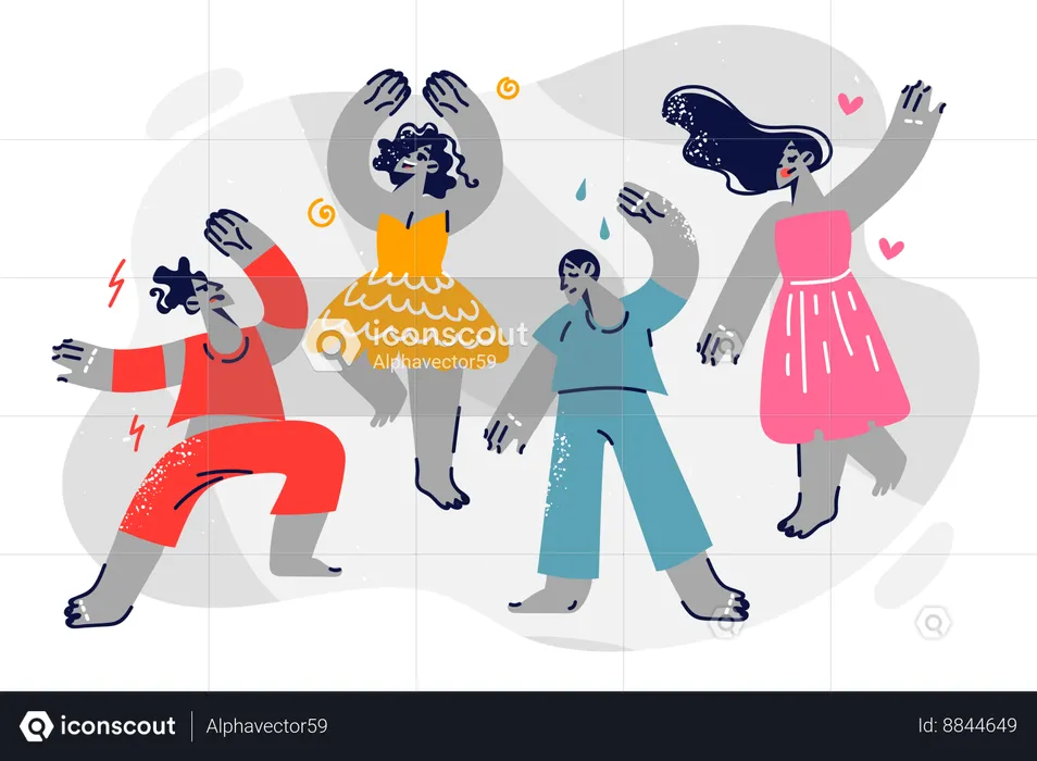 Dancing men and women with different emotions participate in music party or youth disco  Illustration