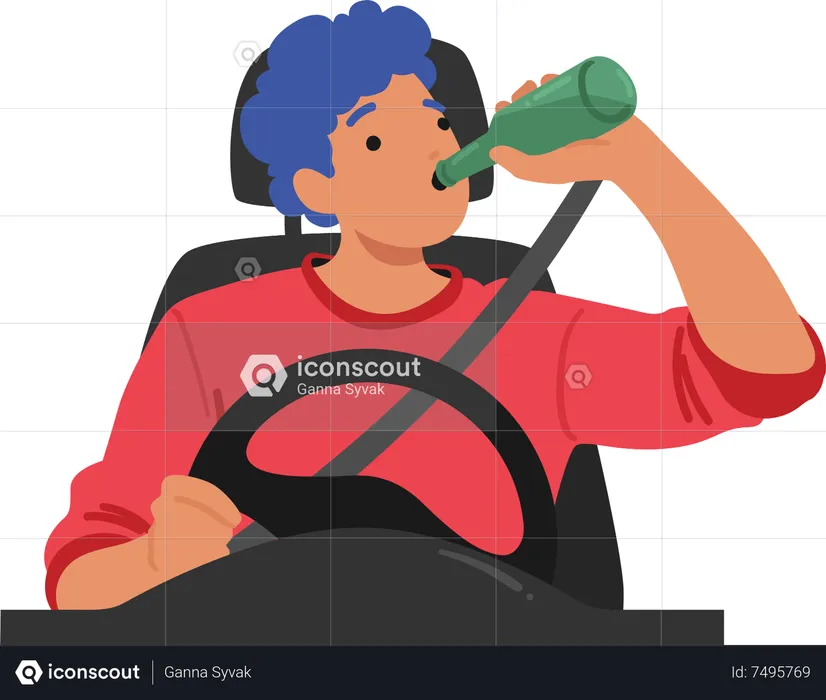 Dangerous behaviour of Man Irresponsibly Consumes Alcohol While Operating Vehicle  Illustration