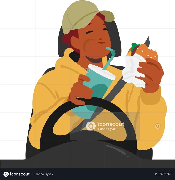 Dangerous behaviour of Man with Multitasking By Eating While Driving  Illustration