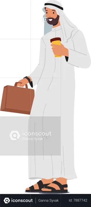 Dapper Arab Muslim Businessman Character Confidently Holds Coffee Cup  Illustration