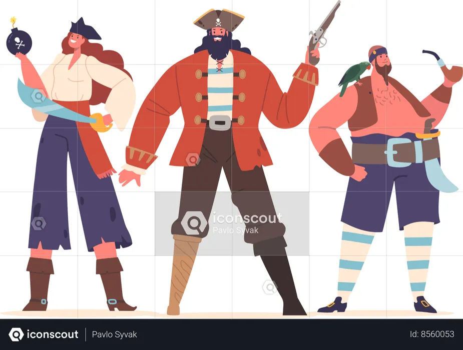 Daring Pirate Crew Male Female Characters In Tattered Attire  Illustration