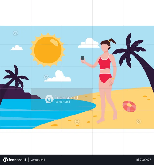 Das Mädchen macht ein Foto am Strand  Illustration