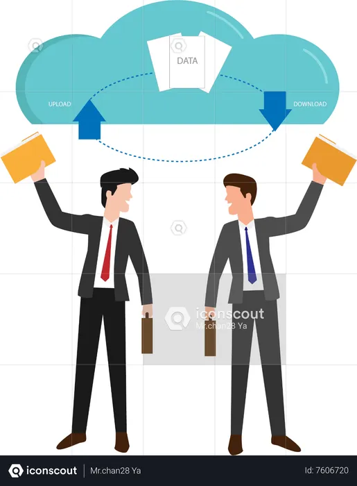 Data in the database on the cloud service Businessman holding cloud storage document with arrow up and downloading Cloud with down arrow  Illustration