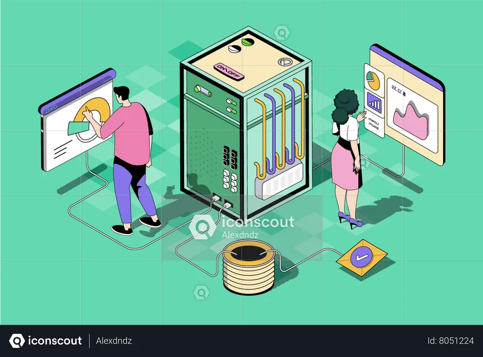 Pessoas monitorando data center  Ilustração