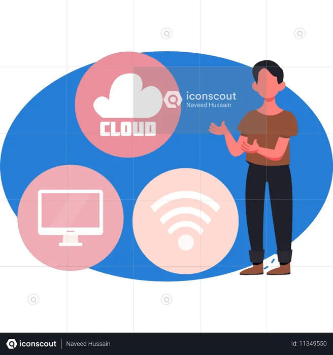 Hombre señalando datos de la nube  Ilustración