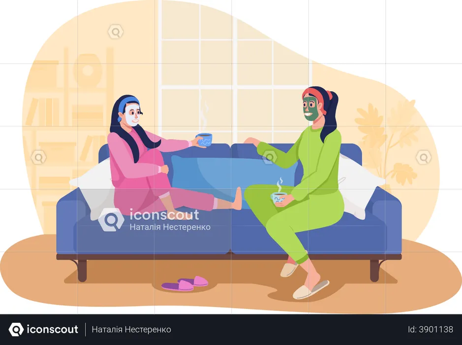 Daughter and mother apply face mask together  Illustration