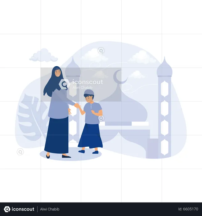 Daughter and mother asking forgiveness during Hari Raya Aidilfitri Celebration  Illustration