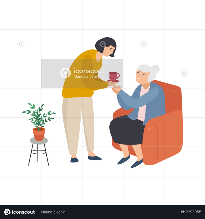 Best Premium Daughter giving tea to her grandmother Illustration ...