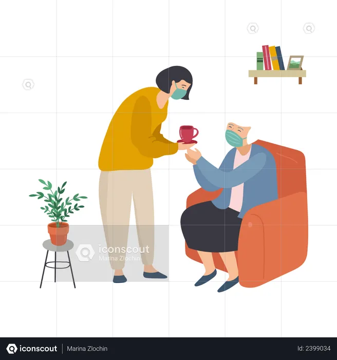 Daughter giving tea to her grandmother  Illustration