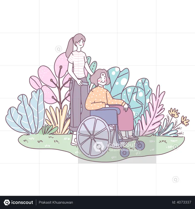 Daughter helping her mother with pushing wheelchair  Illustration