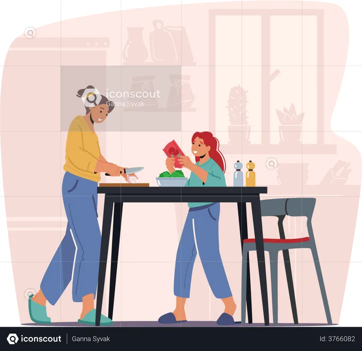 Daughter helping mother in cooking  Illustration