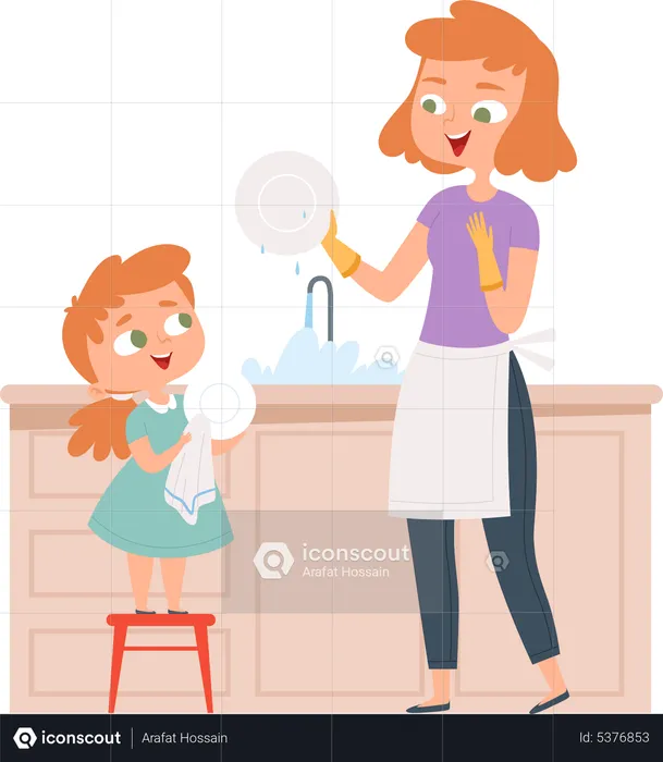 Daughter helping mother to dish washing  Illustration