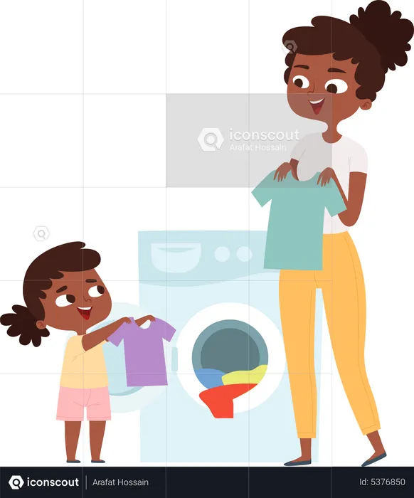 Daughter helping mother to washing  Illustration