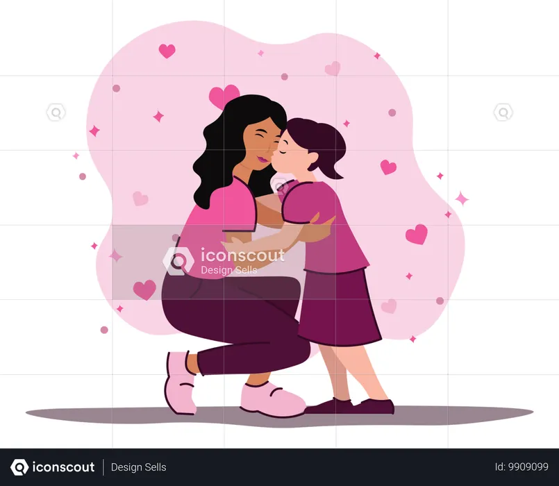 Daughter kissing mother  Illustration