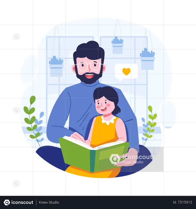 Daughter reading book with father  Illustration