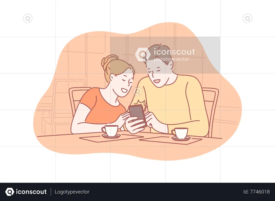 Daughter teaching father how to use mobile  Illustration