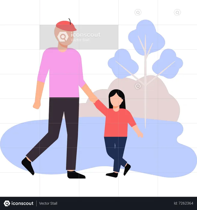 Daughter walking with father in park  Illustration