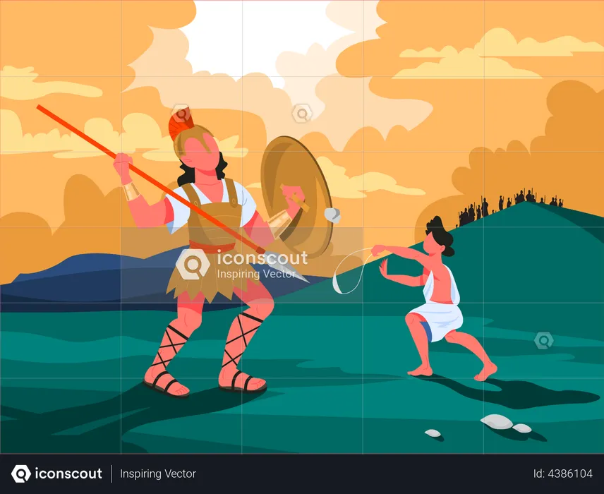 David and Goliath in the middle of battle  Illustration