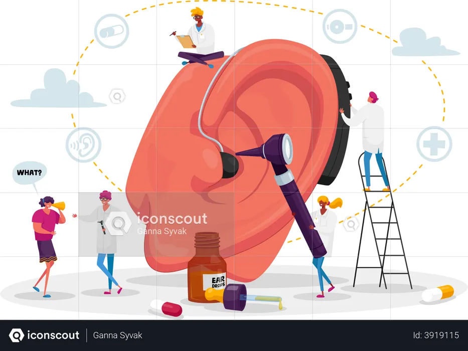 Deaf People with Hear Problems Visiting Doctor Audiologist for Ears Treatment  Illustration