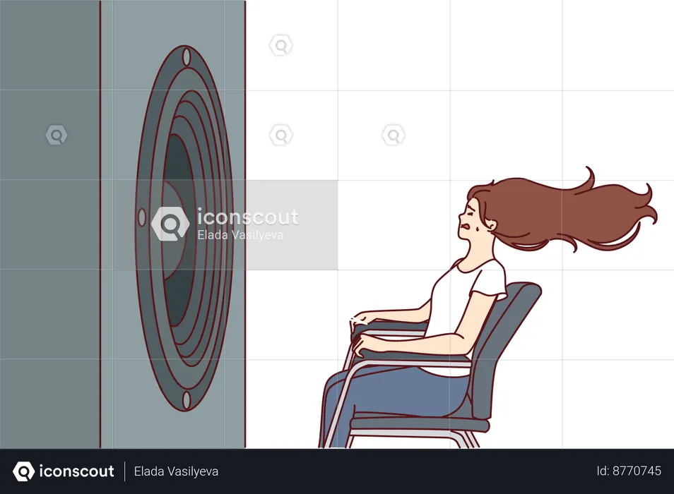 Deafened woman is sitting in front of subwoofer  Illustration