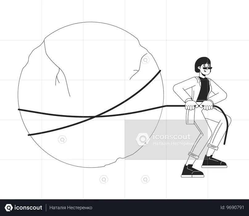 Decisive asian businesswoman pulling huge rock  Illustration