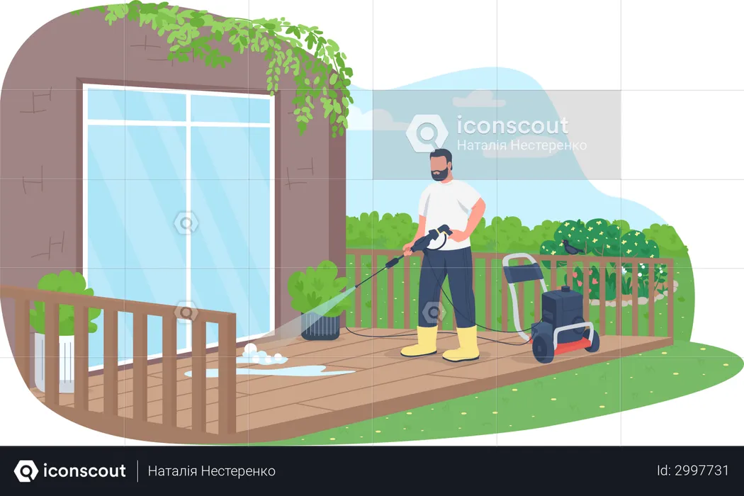 Deck cleaning with power wash gun  Illustration
