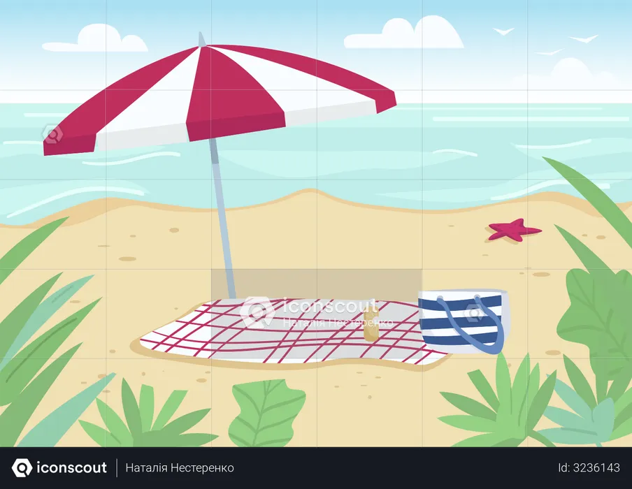 Decke und Sonnenschirm am Sandstrand  Illustration