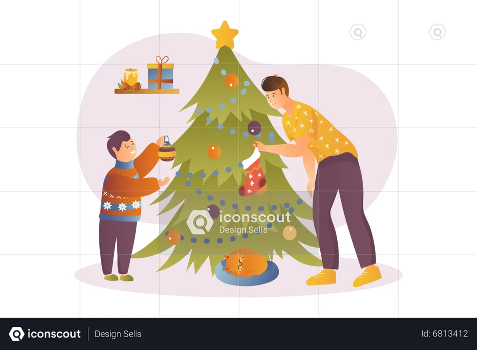 Decorando árvore de natal  Ilustração