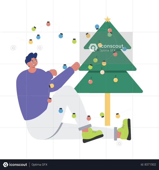 Decorando a árvore de Natal com luzes de Natal  Ilustração