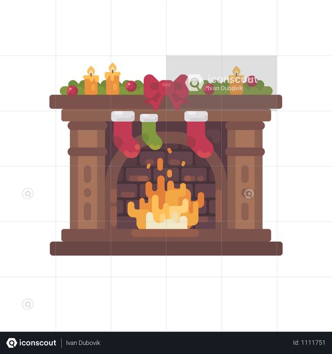 Decorated Christmas Fireplace With Stockings For Presents Flat Illustration Illustration