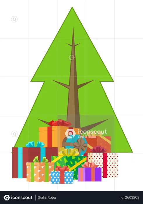 Decorated Christmas tree with gift boxes  Illustration