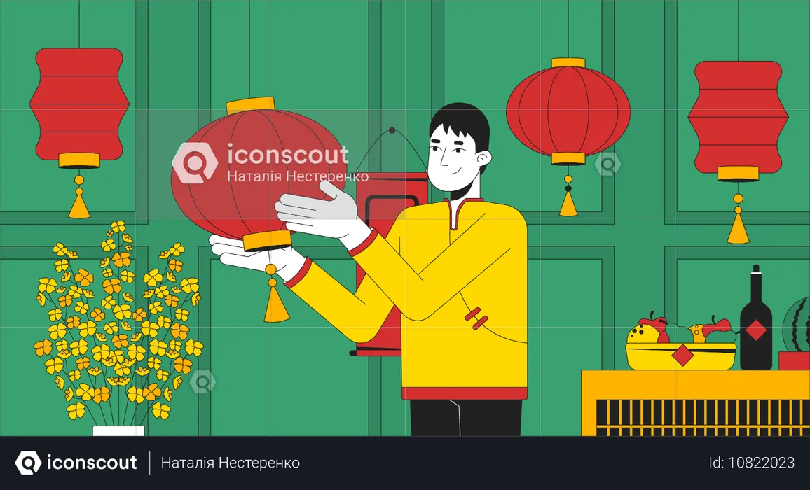 Decorating house for Chinese New Year  Illustration