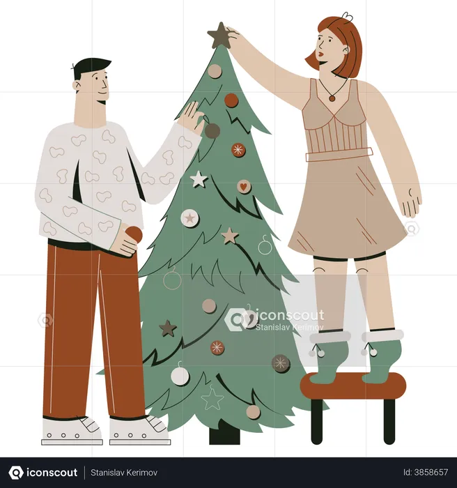 Decorating the Christmas tree by couple  Illustration