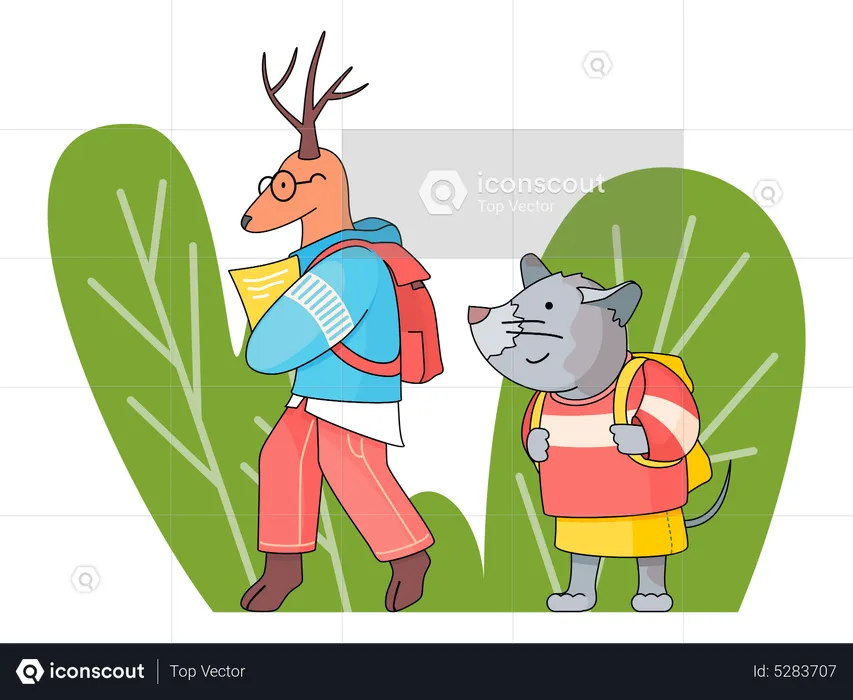 Deer and mouse with backpacks go to school  Illustration