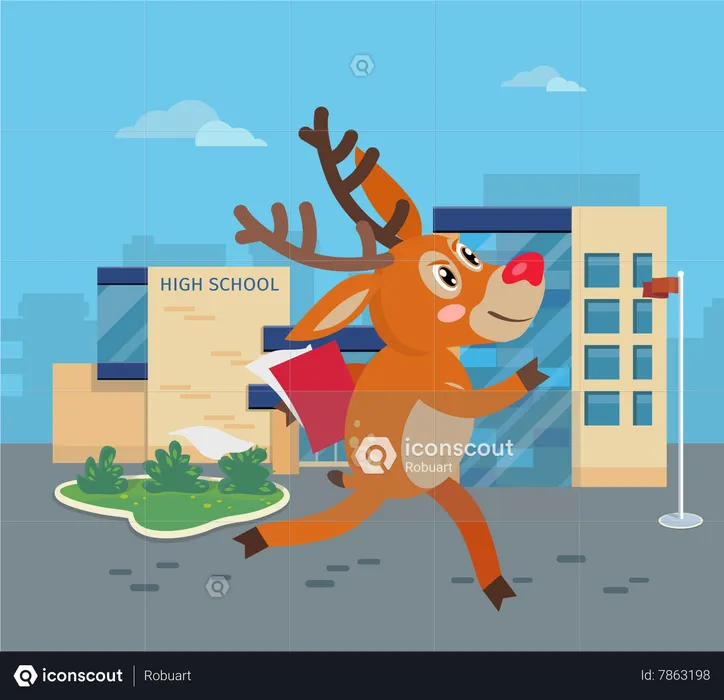 Deer Running to School with Books  Illustration