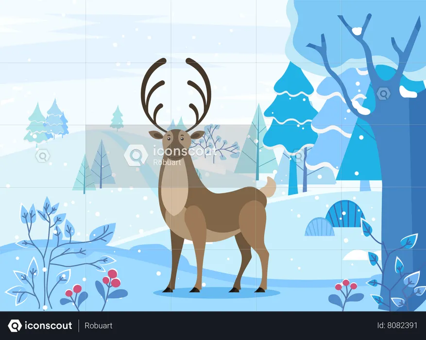 Deer Walking In Snowy Forest Arctic Land  Illustration