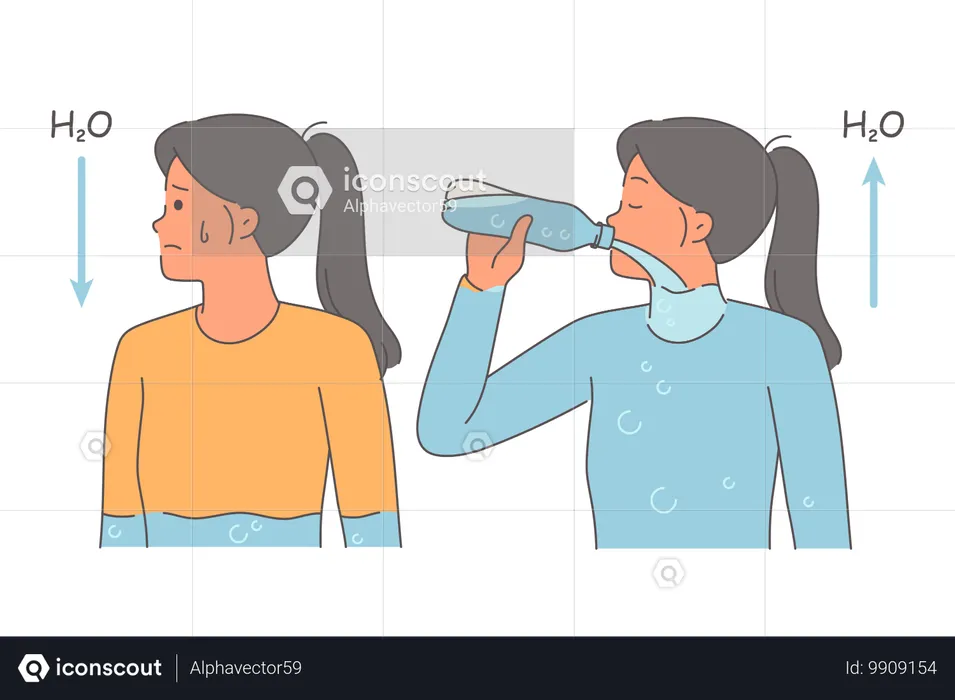 Dehydrated woman drinks water from bottle and feels surge of energy due to quenching of thirst  Illustration